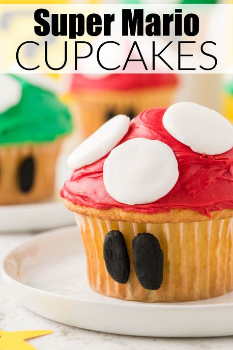 Mushroom cupcakes. Mario Cupcakes, Super Mario Cupcakes, Little Mermaid Cupcakes, Mushroom Cupcakes, Super Mario Mushroom, Sundae Cupcakes, Gaming Party, Summer Food Party, Store Bought Frosting