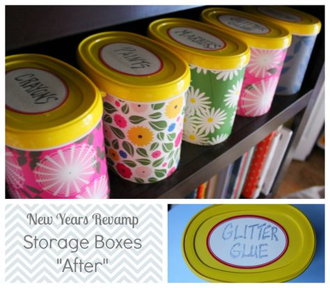 Design Improvised: Decorative Storage Boxes-make from baby formula containers, old freezer containers, etc. Formula Can Crafts, Baby Formula Containers, Softball Banquet, Scrapbooking Rooms, Baby Formula Cans, Container Crafts, Formula Containers, Reuse Containers, Boxes Design