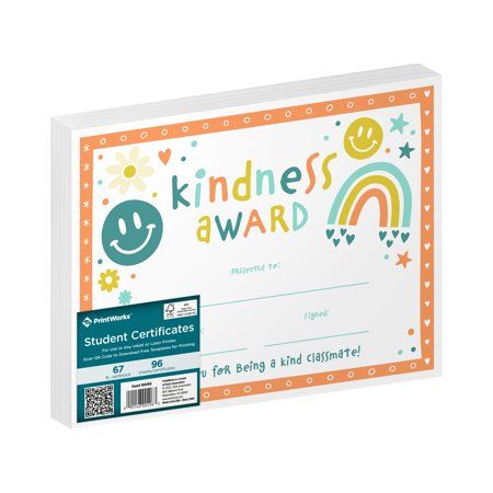 Present students with positive feedback when they display acts of kindness! PrintWorks Kindness Awards are a great way to praise kindness while promoting positivity among the classroom. Each pack includes 96, 8.5 x 11 sheets that can be personalized and are printed with a colorful award statement. The 67lb heavyweight construction of each sheet is great for handing out, hanging on bulletin boards, or even framing. PrintWorks Kindness Awards are a fun and encouraging award for students. Printer-f Student Certificates, Paper Snowflake, Classroom Behavior Management, Award Certificates, Paper Games, Games Activities, Classroom Behavior, Acts Of Kindness, Paper Snowflakes