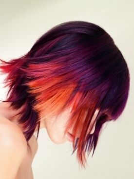 dusky sunset ombre hair Red And Purple Hair, Dramatic Hair Colors, Purple Hair Highlights, Rock Your Hair, Sunset Hair, Funky Short Hair, Dramatic Hair, Multi Colored Hair, Medium Hairstyles