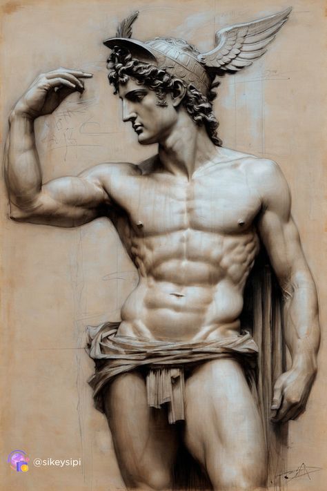 Ancient Marvels: Hermes Reimagined This dramatic portrayal of Hermes, inspired by classical sculptures, highlights his mythological significance through a detailed winged helmet and majestic physique. The creative blend of sketch-like and photorealistic elements emphasizes his swift movements and readiness to communicate messages between gods and mortals alike. #MythicalArt #HermesInspiration #ArtisticJourney Hermes God Art, Hermes Helmet, Greek Gods Art, Hermes Sculpture, Hermes Greek God, Hermes Mythology, Greek God Sculptures, Classical Sculptures, Hermes Art