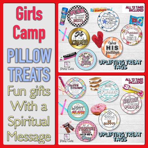 Scripture Treats Lds, Yw Camp Pillow Treats, Girls Camp Pillow Treats Lds, Pillow Treats For Girls Camp, Young Women Camp Crafts, Girls Camp Pillow Treats, Camp Pillow Treats, Camp Treats, Scripture Treats