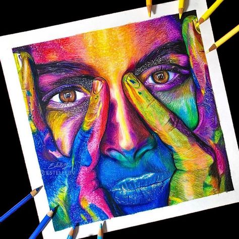 Rainbow Face Drawing, Colour Pencil Art, Rainbow Face, Rainbow Eyes, Colour Pencil, Pencil Art Drawings, White Face, Rainbow Art, Color Pencil Art