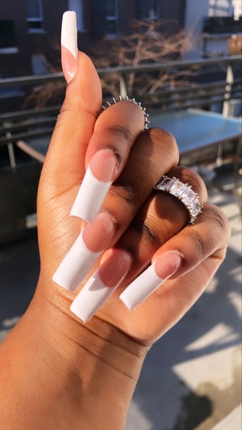 Curvy French Tip Nails, White Deep French Nail, Thick White French Tip Nails, Thick French Tip Nails, Thick French Tip, Deep French Nails, Long French Tips, Nail School, Stilleto Nails Designs