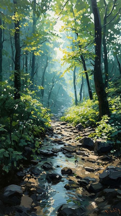 Creek Painting Acrylic, Creek Painting, Drawing Forest, Scenery Drawing, Nature Drawing, Nature Art Painting, Painting Acrylic, Studio Ghibli, Motion Graphics