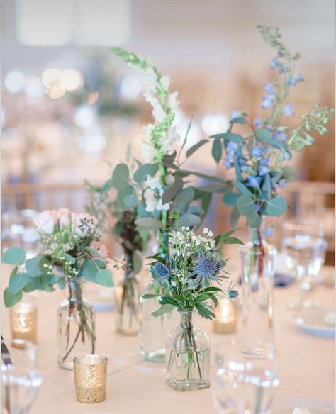 Cheap Blue Centerpieces, Dusty Blue And Sage Wedding Centerpieces, Blue Green Centerpieces, Pastel Blue And Sage Green Wedding, Bud Vases Blue Flowers, Spring Bud Vases Wedding, Bud Vases Wedding Centerpiece Blue, Dusty Blue And Sage Green Wedding Centerpieces, Blue And Green Flower Arrangements