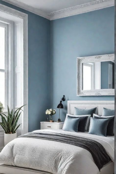 Small bedroom with light walls and mirror Small Room Paint, Old House Design, Light Blue Throw Pillows, Light Walls, Decor Ideas For Living Room, Home Decor Cozy, Cozy Home Decor, Monochromatic Color Scheme, Bedroom Wall Colors