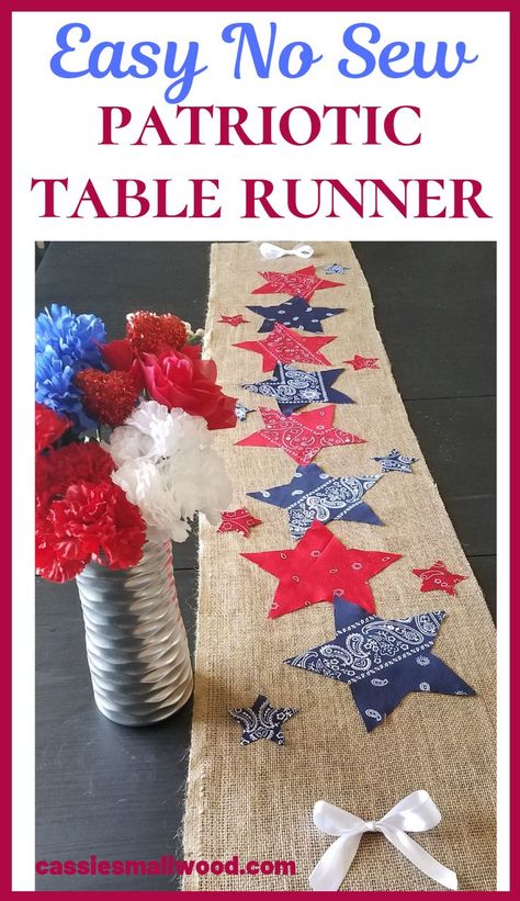 A simple DIY 4th of July decoration for your outdoor bbq or party or an awesome summer home decor idea for your kitchen or dining room.  Tutorial for how to make this easy patriotic craft for adults to celebrate America this Memorial Day or Labor Day.  Creative use of bandanas to represent the USA flag in a fun way on this burlap runner.  A cute accent to your table settings in your house or parties.  Great for rustic or country primitive decorating.  Your families will love your unique style! Room Tutorial, Craft For Adults, Patriotic Table Runner, Burlap Runner, July Decoration, Americana Crafts, 4th July Crafts, Crafts For Teens To Make, Fourth Of July Decor