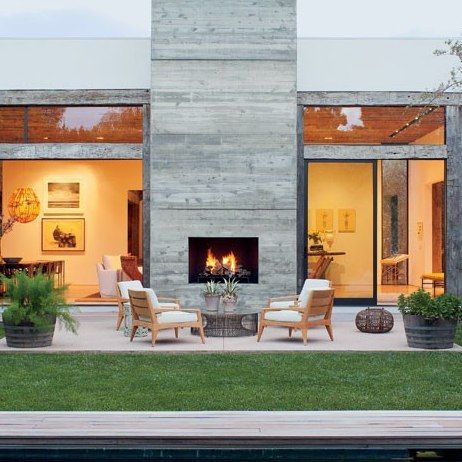 Design Camino, Indoor Outdoor Fireplaces, Outdoor Space Design, Concrete Fireplace, Outdoor Fireplaces, Los Angeles Homes, Celebrity Houses, Fireplace Design, Indoor Outdoor Living