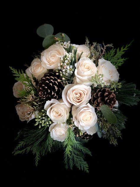 White Rose Pine Cone Bouquet, Pine Bouquet, Flower Farm Wedding, Pine Cone Wedding, Winter Bridal Bouquets, Winter Romance, Winter Greens, Cut Flower Farm, Event Florals