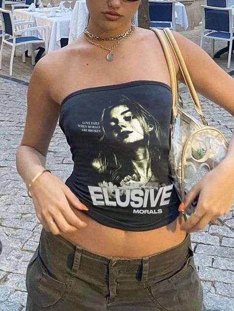 Women Figure Print Bandeau Top Dark Grey Casual  Sleeveless Fabric Figure,Letter  Slight Stretch  Women Clothing, size features are:Bust: ,Length: ,Sleeve Length: Bando Outfit, Outfit Top, Women Figure, Bandeau Top, Maternity Bag, Women Clothes Sale, Women Clothing, Womens Tees, Dark Grey