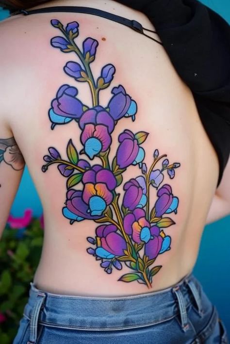 Bright Color Flower Tattoo, Light Purple Tattoo, Veronica Flower Tattoo, Color Outline Tattoo, Flower Tattoos Colorful, Colorful Cover Up Tattoos, Thigh Tattoos Color, Snapdragon Flowers Tattoo, Snapdragon Flower Tattoo