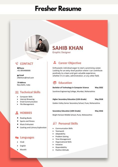 Fresher Easiest Resume Template | Resume Basic Template Resumes For Freshers, Resume Creative Design, Fresher Resume, Job Resume Format, Career Building, Resume Format For Freshers, Resume Ideas, Best Resume Format, Basic Resume