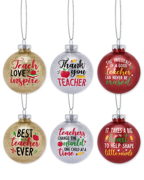 PRICES MAY VARY. Teacher Christmas Ornaments -- The package come with 6pcs teacher appreciation plastic ball ornaments, quipped with string. The ornament balls feature the sayings like ‘teach love inspire’, ‘best teacher ever, ‘thank you teacher’, ‘it takes a big heart to help shape little minds’, and so on. Shatterproof Material -- These hanging ball ornaments are made of high-quality plastic with vivid printing, which is lightweight but durable. Each ball is filled with red, gold, or silver gl Teacher Gift Diy Christmas, Teacher Ornaments Cricut, Diy Christmas Ornaments For Teachers, Teacher Ornaments Diy Vinyl, Diy Teacher Ornaments, Teachers Christmas Gifts Ideas, Teacher Ornaments Diy, Christmas Ornaments Teacher, Teacher Christmas Ornaments