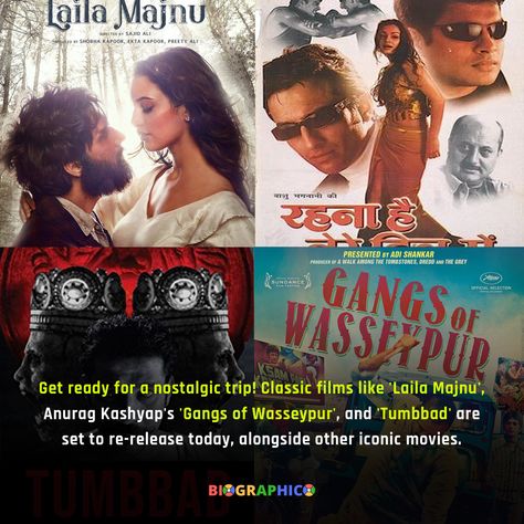 With no major new releases this weekend, several Bollywood classics are making a comeback in theaters on August 30. These include "Laila Majnu" (2018) with Triptii Dimri and Avinash Tiwary, both parts of Anurag Kashyap’s "Gangs of Wasseypur" (2012), "Rehna Hai Tere Dil Mein" (2001) starring R Madhavan and Dia Mirza, the acclaimed folk horror "Tumbbad" (2018), and the Kannada film "Kariya" (2003), featuring Darshan. Fans are excited to see these films on the big screen again, with "Gangs of W... Rehna Hai Tere Dil Mein, Laila Majnu 2018, Avinash Tiwary, Bollywood Classics, Gangs Of Wasseypur, Anurag Kashyap, R Madhavan, Folk Horror, Dia Mirza