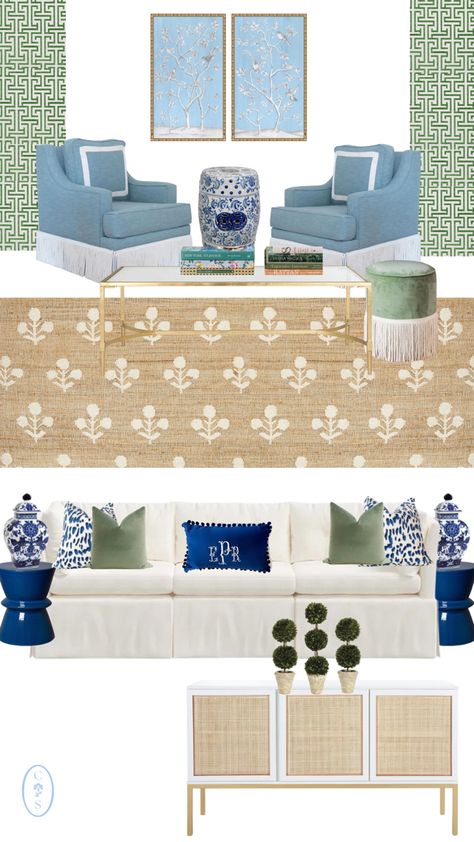 Preppy Blue and Green Bright and Fun Living Room Preppy Room Green, Grandmillenial Living Room, Neoclassic Living Room, Living Room Design Board, Blue And Green Living Room, Small Apartment Organization, Fun Living Room, Hall Room, Design Boards