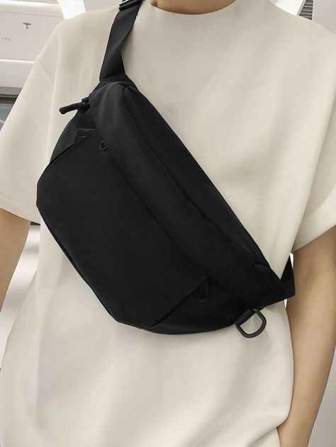 Black  Collar  Polyamide Plain Bum Bag Embellished   Men Bags Outfit Minimalist, Black Fanny Pack, Minimalist Men, Adjustable Bag, Boy Fits, Side Bags, Waist Bags, Bum Bag, Bird In Bag