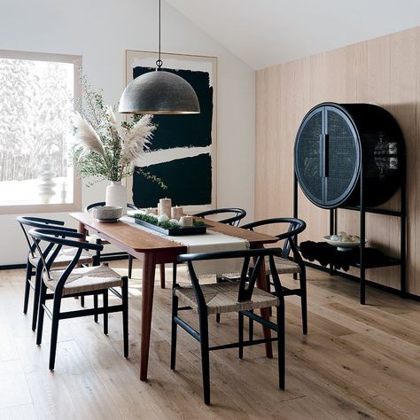 Crate and Barrel on Instagram: “Black Friday Sale is on. Now’s the perfect time to order those dining room upgrades you’ve been eyeing 👀 . Save $149 with Free Local…” Midcentury Dining Table, Mid Century Dining Table, Black Dining Chairs, Metal Dining Chairs, Mid Century Dining, Extension Dining Table, Bar Cabinet, Modern Dining Room, Side Chairs Dining