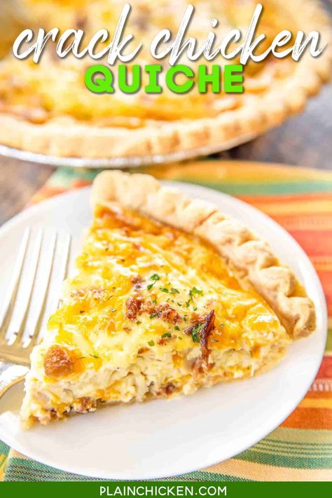 Crack Chicken Quiche - so quick and easy. Everyone LOVED this recipe!! Can make ahead and freeze for later. Pie crust, chicken, cheddar cheese, bacon, ranch dressing, heavy cream, and eggs Ready to eat in an hour. Great for breakfast, lunch or dinner. THE BEST! Quiche Pie Crust, Chicken Quiche, Quiche Pie, Sausage Quiche, Cracked Out, Savory Tarts, Breakfast Quiche Recipes, Quiche Recipes Easy, Plain Chicken