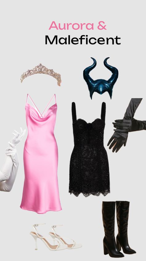 Maleficent Aroura Costume, Duo Halloween Costumes Aurora And Maleficent, Maleficent And Aurora Costume Duo, Aura And Maleficent Costume, Aroura Costume Ideas, Maleficent And Aroura Costume, Malificiant And Aurora Costume, Aroura Halloween Costumes, Sleeping Beauty And Maleficent Costumes