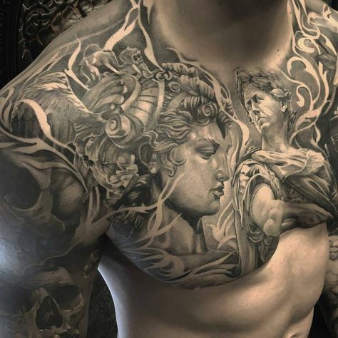 Chest Tattoo Men Ideas, Tattoo Men Ideas, Christus Tattoo, Full Chest Tattoos, Tattoo Background, Greek Mythology Tattoos, God Tattoos, Tattoo Inspiration Men, Cool Chest Tattoos