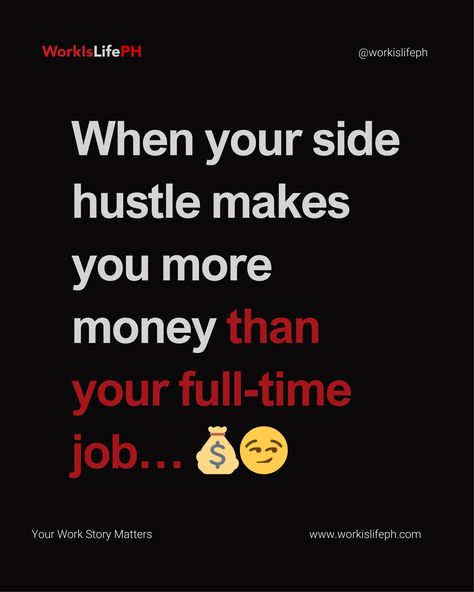 When your side hustle makes you more money than your full-time job… 💰😏 

What would you do? Resign and focus on the hustle or keep both to stack that cash? 

Let us know! 👇

#SideHustleLife #CareerMoves #GrindAndShine #MoneyTalks #WorkIsLifePH Money Talks, The Hustle, Full Time Job, More Money, Full Time, Side Hustle, Focus On, Make It Yourself, Money