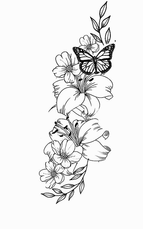 Horizontal Back Tattoo, Half Sleeve Tattoos For Women Upper Arm, Medium Tattoos For Women, Lower Back Tats, Flower And Butterfly Tattoo, Ant Tattoo, Tats Ideas, Unique Half Sleeve Tattoos, Butterfly With Flowers Tattoo