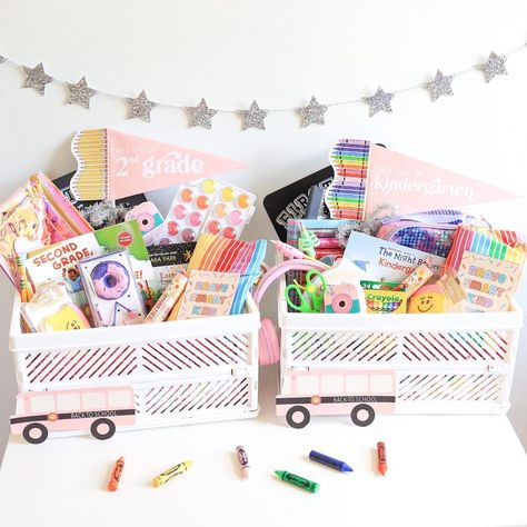 Adorable Back to School Baskets! - amanda party + home Fancy Sprinkles, Preschool Planning, Cute Teacher Gifts, Pennant Flags, Back To School Party, Money Pouch, Kindergarten First Day, Pennant Flag, School Parties