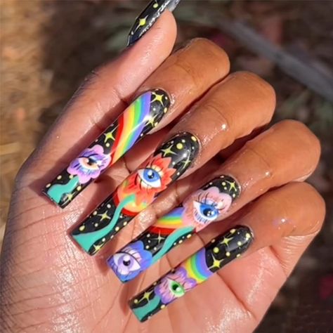 Long Acrylic Press on Nails Rainbow Coffin Fake Nails Black Full Cover Glue on Nails with Evil Eye Designs Summer Star Stick on Nails Glossy False Nails Nail Korean, Fairy Nails, Nail 2023, Nails Y2k, Ballet Nails, Nail Acrylic, Long Press On Nails, Nagel Tips, Manicure Tips