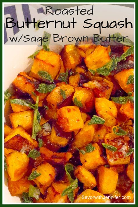 Tender, caramelized pieces of squash are roasted to perfection and drizzled with a simple but sophisticated sage brown butter and garnished with crispy sage. #savorwithjennifer #lowcarb #butternutsquash #thanksgivingrecipe #roasted Butter Squash Recipe, Butternut Squash Sage, Sage Brown Butter, Squash Roasted, Sides Dishes, Roasted Squash, Acorn Squash, Roasted Butternut Squash, Roasted Butternut