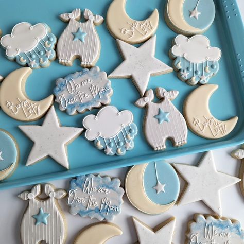 Baby shower, we are over the moon decorated sugar cookies Over The Moon Decorated Cookies, Over The Moon Baby Shower Cookies, Over The Moon Cookies, Moon Sugar Cookies, Everyday Is A Good Day, Unique Baby Shower Themes, Moon Cookies, We Are Over The Moon, Baby Shower Snacks