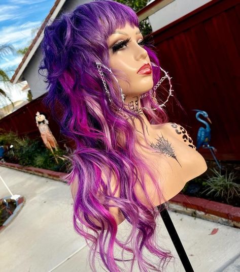 CRAZY+PURPLE+RAIN+Shaggy+Mullet+Human+Hair+Wig.+ Human+hair+100% Colors:+Purple/Lavender/Hot+Pink/Silver+Grey/Light+Baby+Pink+and+Purple+ Shaggy+mullet+hairstyle+with+bangs+ NOT+A+LACE+FRONTAL,ITS+REGULAR+CAP. Available+in+16+inches+to+28+inches+ NO+RETURNS NO+EXCHANGES NO+REFUNDS FI... Unquie Hair Color, Pink Roots Purple Hair, Blue Streaks In Black Hair, Purple Shag Hair, Purple Hair With Pink Highlights, Two Tone Purple Hair, Magenta And Purple Hair, Pink And Purple Wig, Crazy Color Hair Ideas