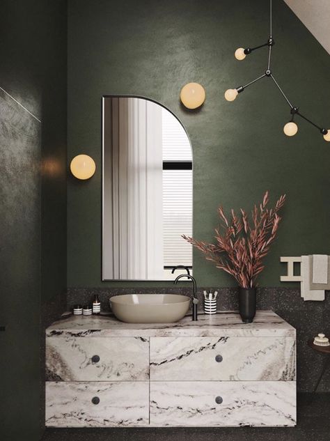 Powder Room Sloped Ceiling Powder Room, Swanky Powder Room, Powder Room Dramatic, Angled Ceiling Powder Room, Powder Room Green Vanity, Color Drenched Powder Room, Bold Powder Room Ideas, Statement Powder Room, Unique Powder Rooms