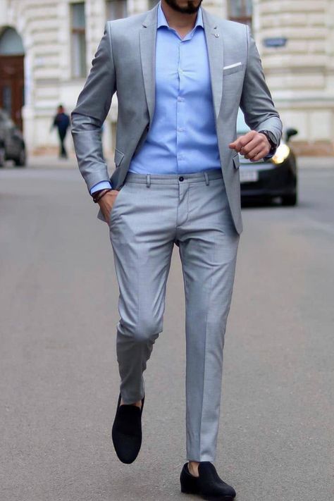 Grey Suit Blue Shirt Men, Light Grey Suits For Men, Grey Blue Suit Men, Blue Shirt Grey Pants Men, Grey Suit Outfit Men, Grey Suit With Blue Shirt, Silver Suit For Men, Grey Suit Men Combination, Grey And Blue Suit