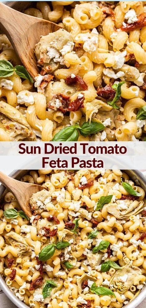 Basil Sundried Tomato Pasta, Feta Sundried Tomato Pasta, Sun Dried Tomato Rice Recipes, Sun Dried Tomato Feta Pasta, Pasta With Artichokes Sun Dried Tomatoes, Recipe With Sun Dried Tomatoes, Sun Dried Tomato Recipes, Tomato Feta Pasta, Runner Recipes