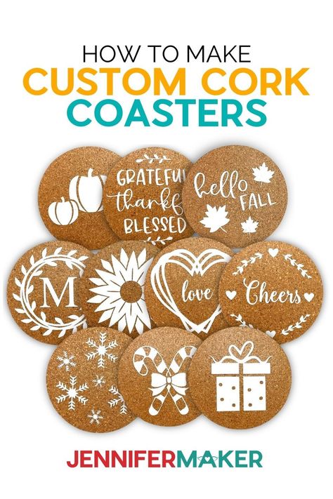 Custom Cork Coasters made with a Cricut using a free SVG file Cork Coasters Diy Vinyl, Small Vinyl Projects, Cricut Coasters Diy Vinyl, Cork Coasters Diy, Coasters With Cricut, Cricut Tricks, Craft Signs, Cricut Gifts, Jennifer Maker