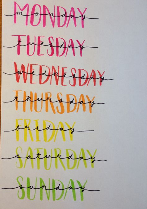 Days of the week lettering (great for bullet journals) Days Of The Week Font, Days Of The Week Lettering, Week Lettering, Bullet Journal 2019, Bullet Journal Font, Journal Fonts, Journal Bullet, Doodle Art Journals, Hand Lettering Fonts