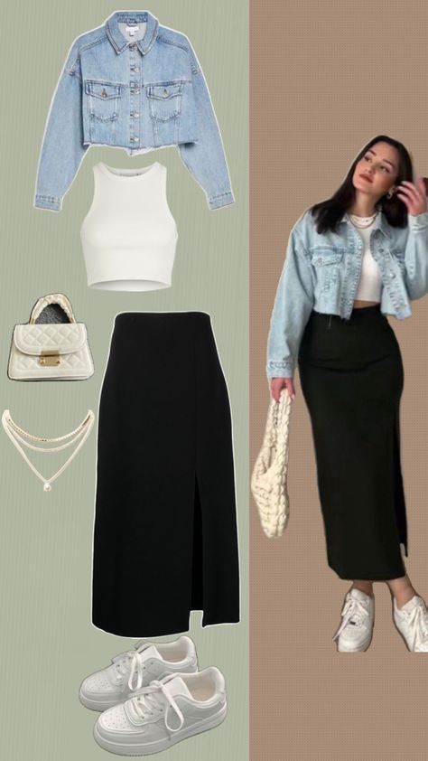 Women’s outfit idea Long Skirt With Jean Jacket, Denim Skirt With Black Top, Crop Jacket And Skirt Outfit, Crop Demin Jacket Outfit, Denim Skirt And Top Outfit, Black Denim Skirt Outfit Ideas, How To Style White Denim Jacket, White Crop Jacket Outfit, White And Denim Outfits Black Woman