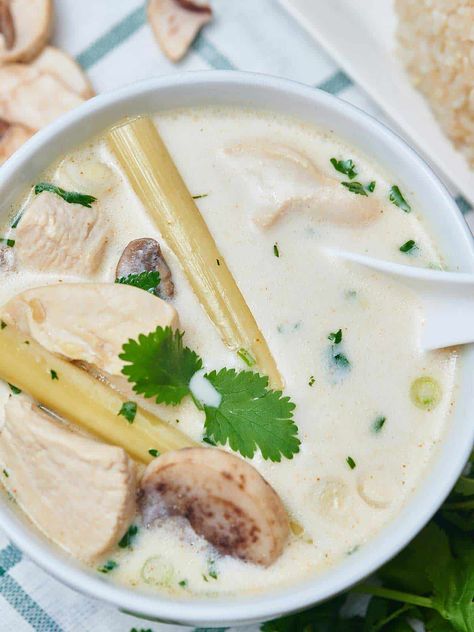 Tom Kha Gai Soup (Coconut Chicken Soup) - Show Me the Yummy Tomkhagai Soup, Tom Kha Gai Soup Recipe, Tom Kha Gai Soup, Coconut Chicken Soup, Tom Kha Gai, Tom Kha, Spicy Thai, Coconut Chicken, Low Carb Soup