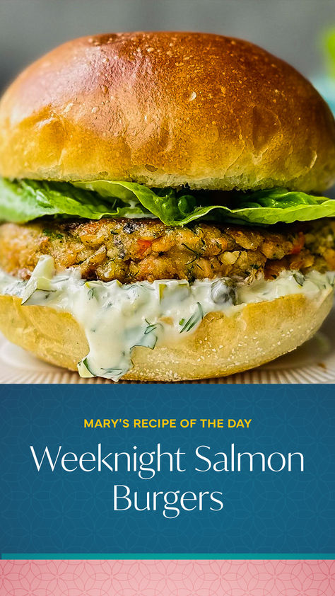 Mary Berg shows us how to make weeknight dinners easy with this salmon burger recipe using tinned salmon, bell peppers, and topped with a homemade tartar sauce. Click the link above for more! Mary Berg Salmon Burgers, Mary Berg Makes It Easy Recipes Salmon, The Good Stuff With Mary Berg Recipes, Mary Berg Makes It Easy Recipes, Mary Berg Recipes, Salmon Burger Recipe, Salmon Cakes Recipe, Lentil Burgers, Homemade Tartar Sauce