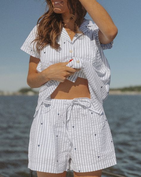 Slate blue with embroidered navy hearts 🩵 Americana pjs online now ! Granddaughter Aesthetic, Coastal Granddaughter, Sweet Lady, Birthday List, Slate Blue, East Coast, Aurora, Pajamas, Navy