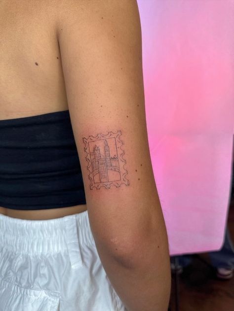 London stamp tattoo. Fine line tattoo. (Suze @ Sixtyink London) Uk Stamp Tattoo, Simple London Tattoo, Fine Line Stamp Tattoo Ideas, London Post Stamp Tattoo, Tattoos To Get In London, London Fine Line Tattoo, London Postage Stamp Tattoo, London Themed Tattoo, England Stamp Tattoo