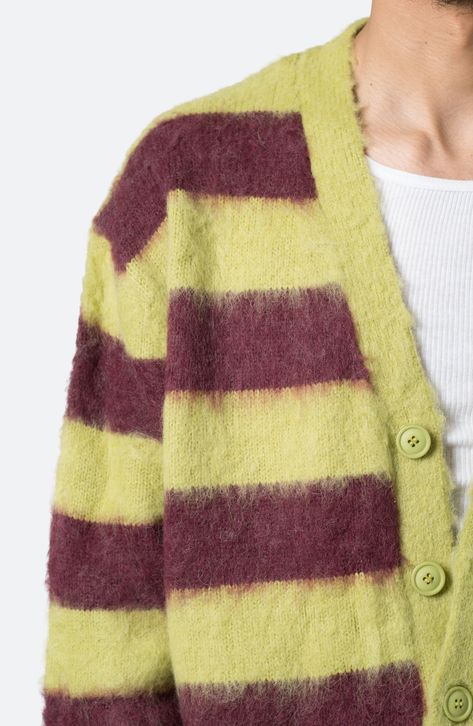 Brushed faux-mohair yarns create a delightfully fuzzy texture on this striped cardigan cut in a standard fit with ribbed detail. 26" length Front button closure V-neck Ribbed cuffs and hem 100% polyester Machine wash, dry flat Imported Fuzzy Cardigan Outfit, Unif Cardigan, Archive Pieces, College Wardrobe, Fuzzy Texture, Brown Knit Sweater, Fall Cardigans, Cold Fits, Fuzzy Cardigan