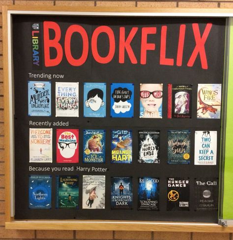 Bookflix Bulletin Board, Book Bulletin Board Ideas, Elementary School Library Ideas, Books Display Ideas, Bookflix Display, Library Room Ideas School, School Library Decorating Ideas, School Library Book Displays, Book Bulletin Board