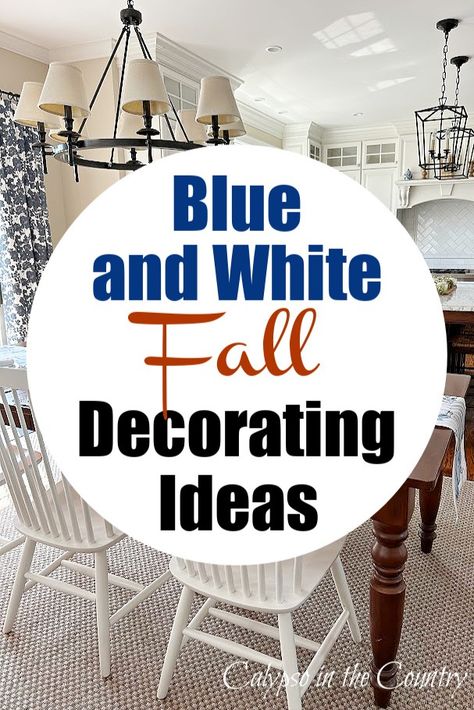 White kitchen with blue curtains, seagrass rug and table decorated with blue for fall. Blue Pumpkin Tablescape, Blue Fall Table Decor, Blue And White Kitchen Decor Ideas, Blue White Decor Living Room, Blue And White Decorating Ideas, Fall Decor With Blue, White Fall Decor Ideas, Blue And White Fall Decor, White Decorating Ideas