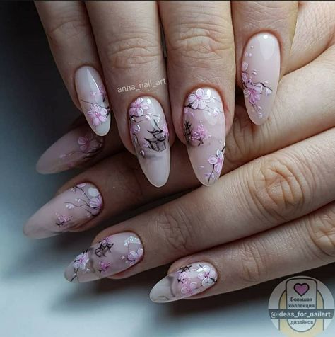 Spring Nails Floral, Cherry Blossom Nails Design, Japan Nail Art, Cherry Blossom Nails Art, Nails Floral, Cherry Blossom Nails, Asian Nails, Romantic Nails, Vintage Nails