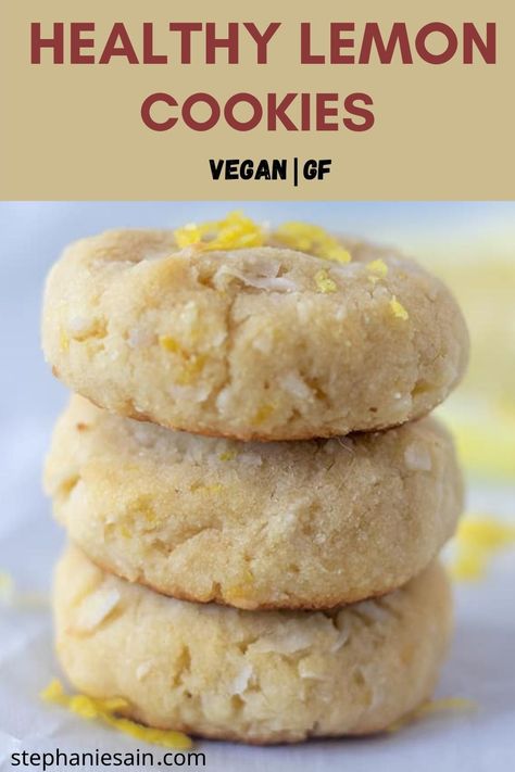 lemon cookies stacked on a parchment lined pan garnished with fresh lemon zest. Soft Lemon Cookies, Chewy Lemon Cookies, Cookies Sans Gluten, Biscuits Diététiques, Lemon Cookies Recipes, Vegan Cookies Recipes, Chewy Cookies, Low Carb Cookies, Desserts Vegan