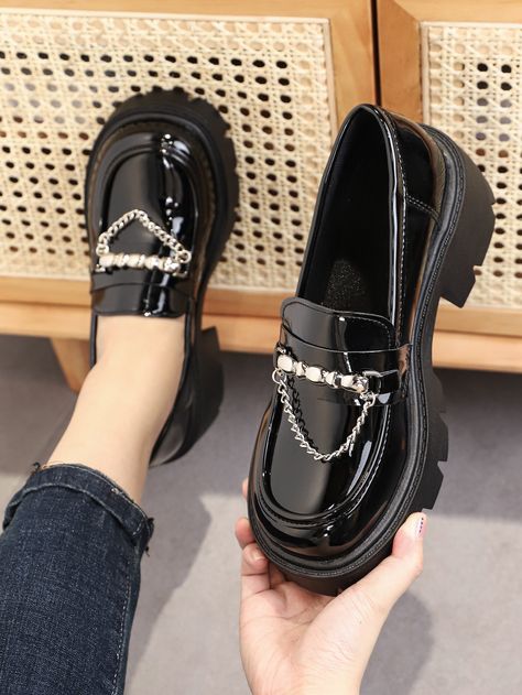 Black Punk Collar   Plain Loafers Embellished   Women Shoes Women Wedges, Chain Decor, Kawaii Shoes, Funky Shoes, Loafer Shoes Women, Wedge Loafers, Fancy Shoes, Girly Shoes, Aesthetic Shoes