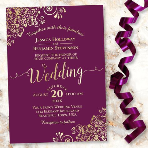 Popular Wedding Invitations, Magenta Wedding, Purple And Gold Wedding, Gold Foil Wedding Invitations, Fancy Script, Script Calligraphy, Purple Wedding Invitations, Foil Wedding Invitations, Fancy Wedding