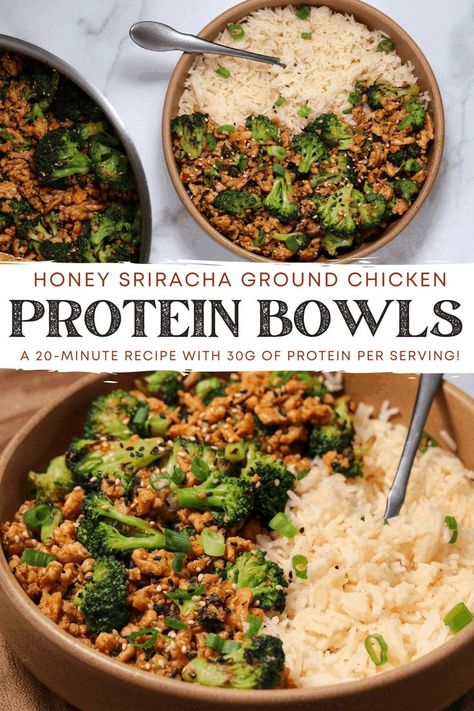 20-Minute Honey Sriracha Ground Chicken and Broccoli | Healthy bowls recipes, Health dinner recipes, Healthy meal prep Honey Sriracha Ground Chicken, Ground Chicken And Broccoli, Healthy Bowls Recipes, Chicken And Broccoli, Salad Pasta, Healthy Bowls, Easy Healthy Meal Prep, Macro Meals, Health Dinner